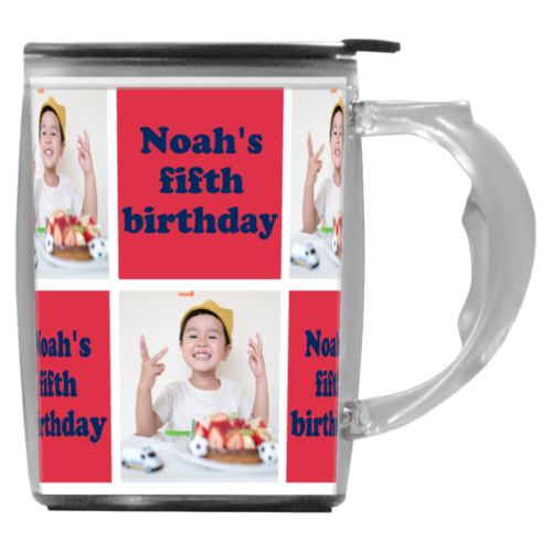 Custom mug with handle personalized with a photo and the saying "Noah's fifth birthday" in navy blue and red