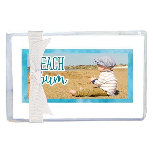 Personalized enclosure cards personalized with teal cloud pattern and photo and the saying "Beach bum"