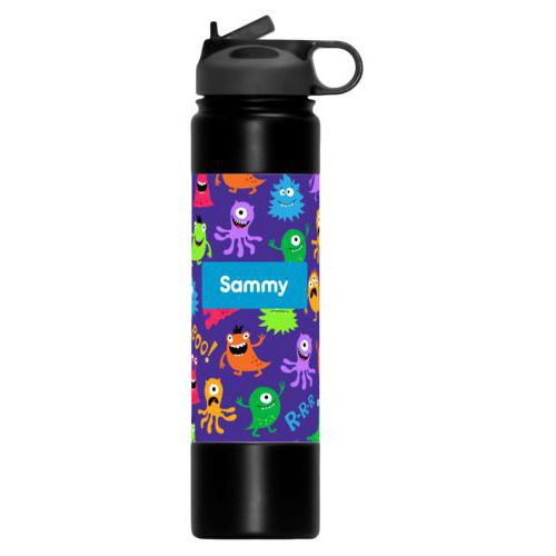 Custom bottle personalized with monsters pattern and name in caribbean blue