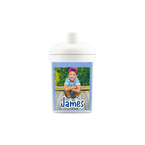 Personalized toddlercup personalized with blue chalk pattern and photo and the saying "James"