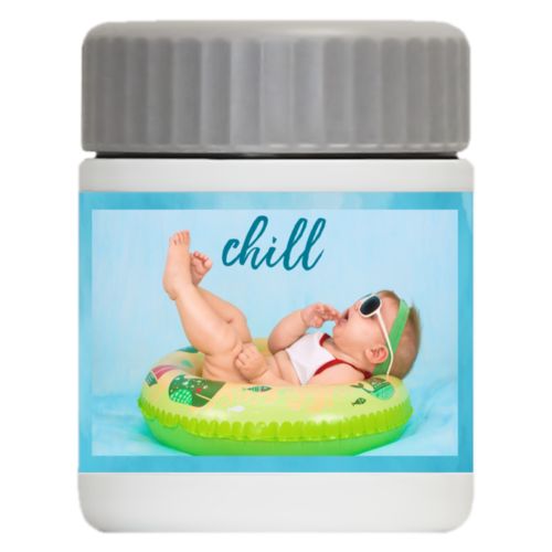 Personalized 12oz food jar personalized with teal cloud pattern and photo and the saying "chill"