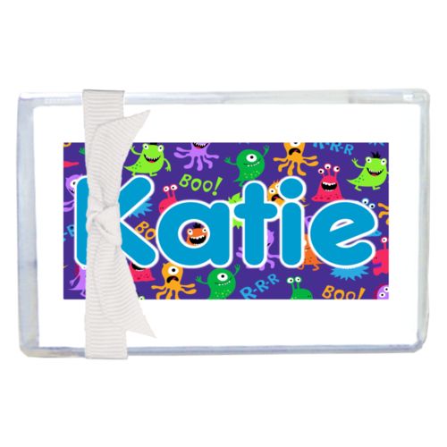 Personalized enclosure cards personalized with monsters pattern and the saying "Katie"