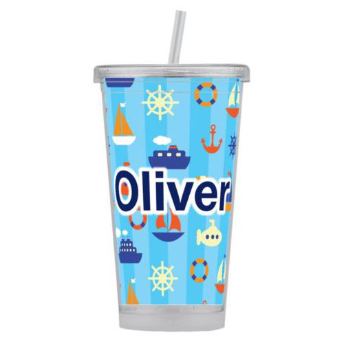 Personalized tumbler personalized with submarine pattern and the saying "Oliver"