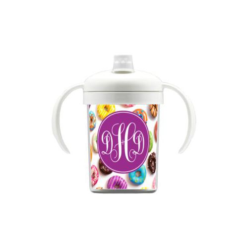 Personalized sippycup personalized with donuts pattern and monogram in eggplant