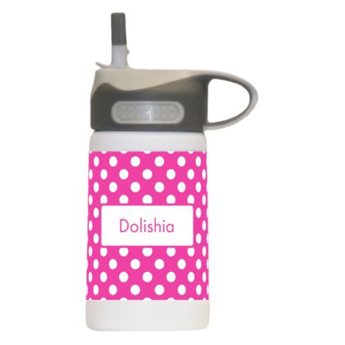 Water bottle for kids personalized with medium dots pattern and name in juicy pink and white