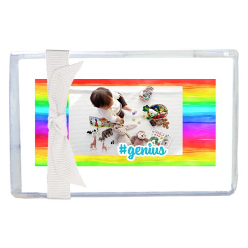 Personalized enclosure cards personalized with rainbow bright pattern and photo and the saying "#genius"
