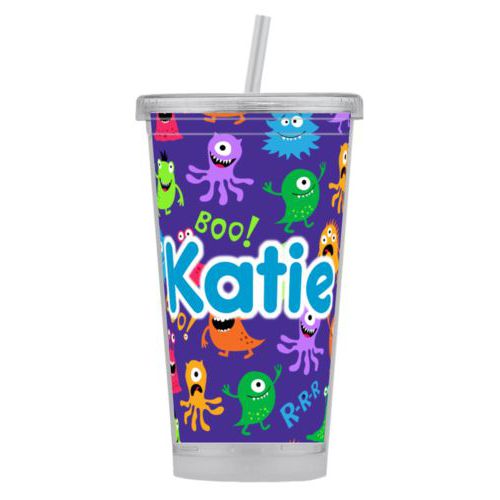 Personalized tumbler personalized with monsters pattern and the saying "Katie"