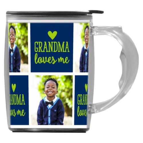 Custom mug with handle personalized with a photo and the saying "Grandma loves me" in juicy green and navy blue