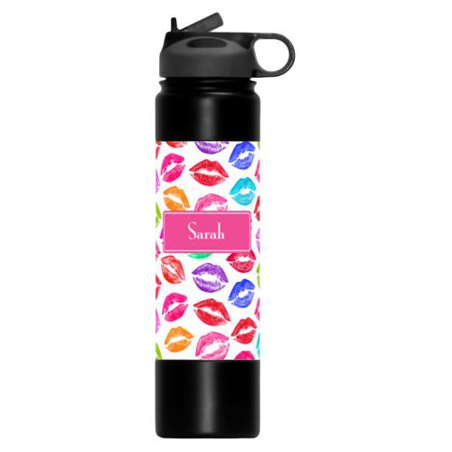 Vacuum sealed water bottle personalized with smooch pattern and name in paparte pink