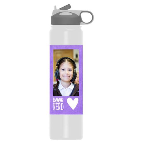 Large insulated water bottle personalized with purple chalk pattern and photo and the sayings "book nerd" and "Heart"