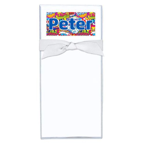Personalized note sheets personalized with comics pattern and the saying "Peter"