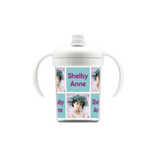 Personalized sippycup personalized with a photo and the saying "Shelby Anne" in dream on - plum and blizzard blue