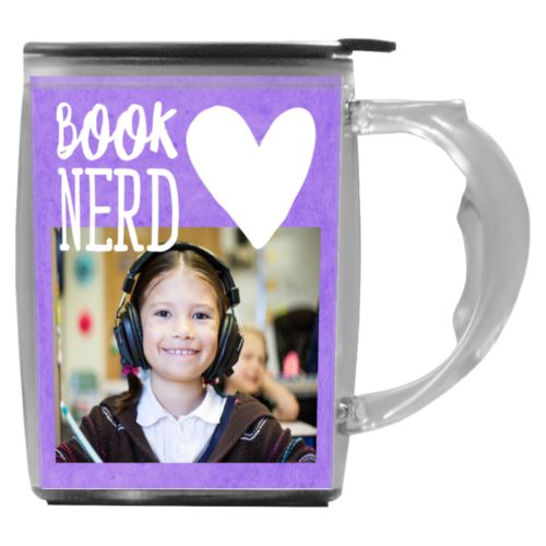 Custom mug with handle personalized with purple chalk pattern and photo and the sayings "book nerd" and "Heart"