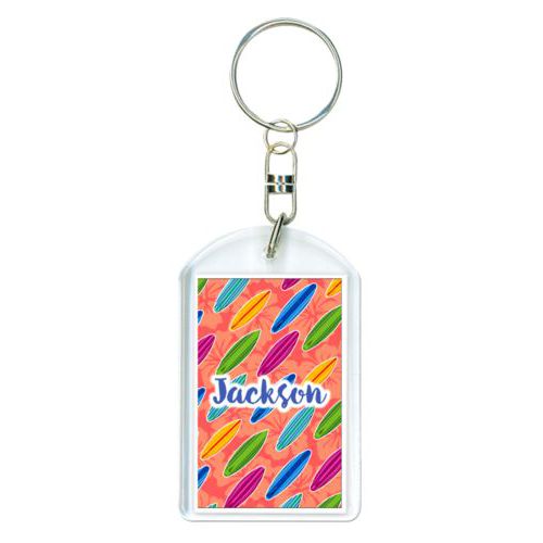 Personalized plastic keychain personalized with boards pattern and the saying "Jackson"