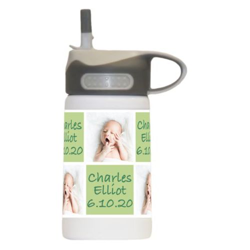 Boys water bottle personalized with a photo and the saying "Charles Elliot 6.10.20" in pine green and leaf green
