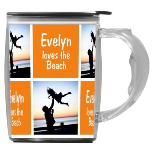 Custom mug with handle personalized with a photo and the saying "Evelyn loves the Beach" in juicy orange and white