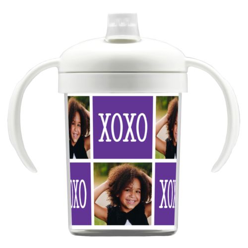 Personalized sippycup personalized with a photo and the saying "xoxo" in purple and white