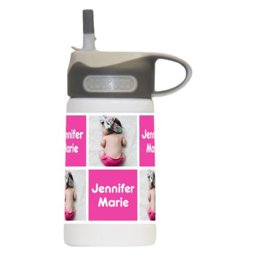 Kids water bottle personalized with a photo and the saying "Jennifer Marie" in juicy pink and white