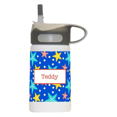 Kids drink bottle personalized with starfish pattern and name in strong red