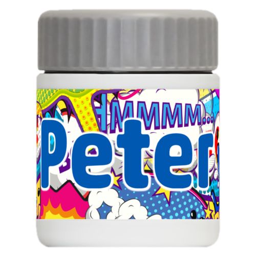Personalized 12oz food jar personalized with comics pattern and the saying "Peter"