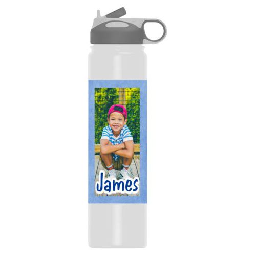 Metal insulated water bottle personalized with blue chalk pattern and photo and the saying "James"