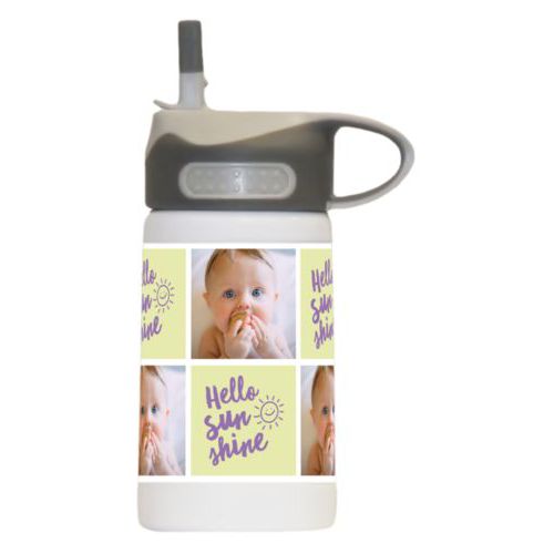 Water bottle for girls personalized with a photo and the saying "hello sunshine" in grape purple and morning dew green