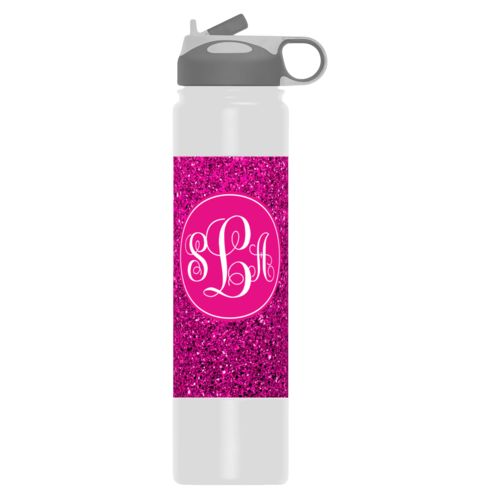 Custom water bottle personalized with pink glitter pattern and monogram in bright pink