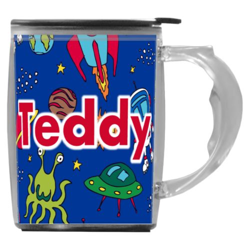 Custom mug with handle personalized with space pattern and the saying "Teddy"