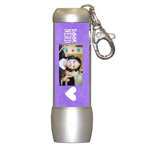 Personalized flashlight personalized with purple chalk pattern and photo and the sayings "book nerd" and "Heart"