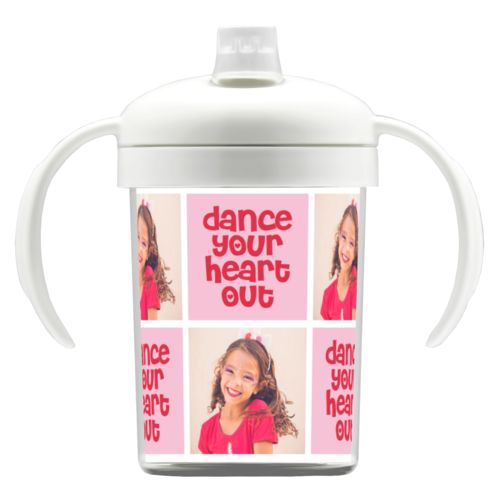 Personalized sippycup personalized with a photo and the saying "dance your heart out" in cherry red and rosy cheeks pink