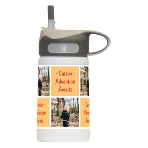 Steel water bottle for kids personalized with a photo and the saying "- Carson - Adventure Awaits" in jewel - citrine and orange