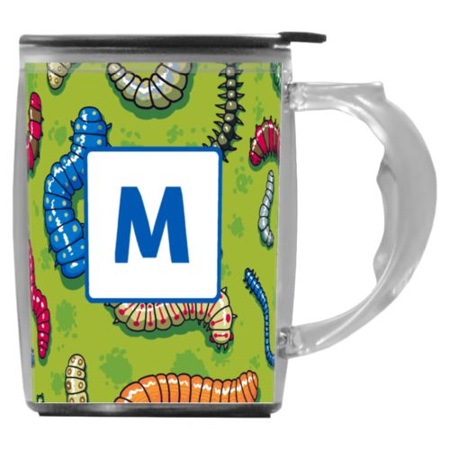Custom mug with handle personalized with worms pattern and initial in cosmic blue