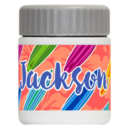 Personalized 12oz food jar personalized with boards pattern and the saying "Jackson"
