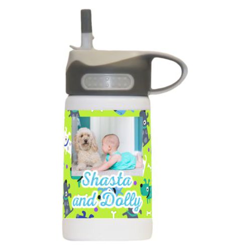 Kids sports bottle personalized with puppies pattern and photo and the saying "Shasta and Dolly"