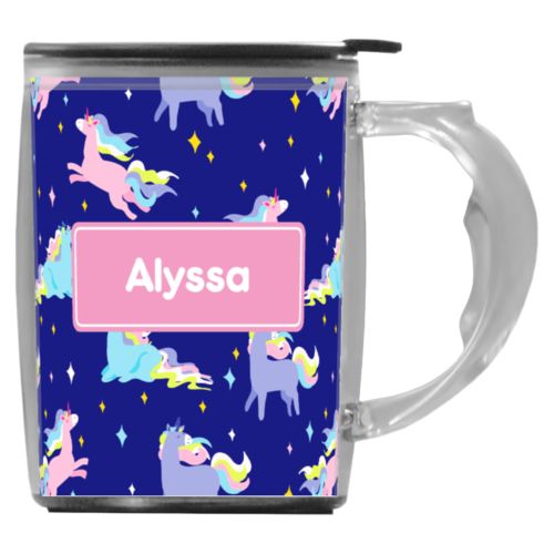 Custom mug with handle personalized with animals unicorn pattern and name in pink
