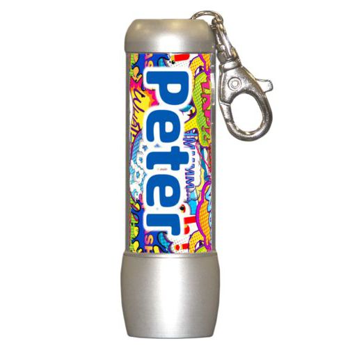 Personalized flashlight personalized with comics pattern and the saying "Peter"