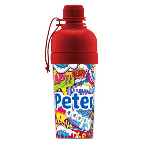 Water bottle for girls personalized with comics pattern and the saying "Peter"