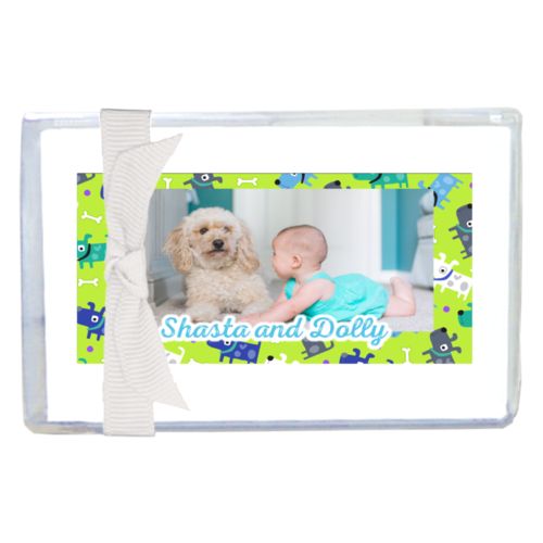 Personalized enclosure cards personalized with puppies pattern and photo and the saying "Shasta and Dolly"