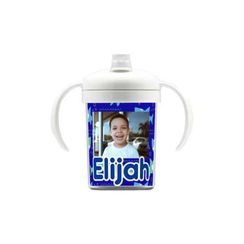Personalized sippycup personalized with sharks pattern and photo and the saying "Elijah"