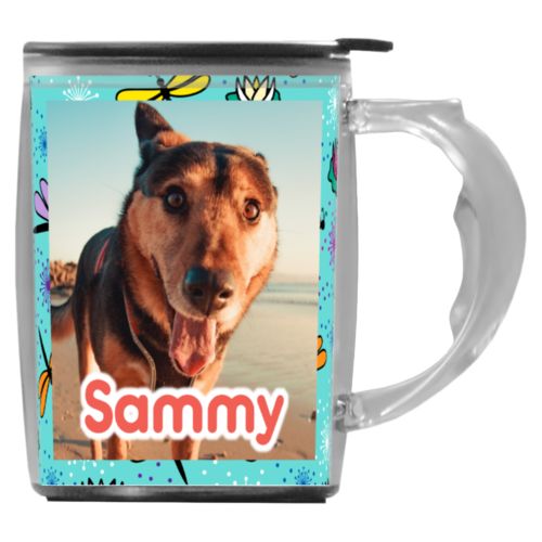Custom mug with handle personalized with bugs dragonfly pattern and photo and the saying "Sammy"