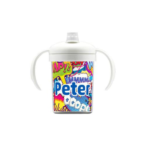 Personalized sippycup personalized with comics pattern and the saying "Peter"