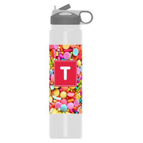 Custom water bottle personalized with sweets sweet pattern and initial in red