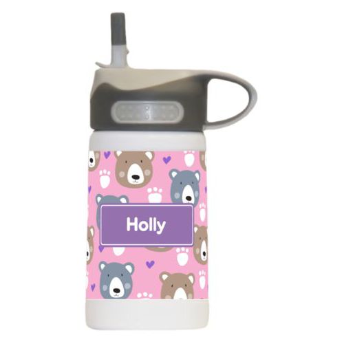 Kids water bottle personalized with bears pattern and name in grape purple