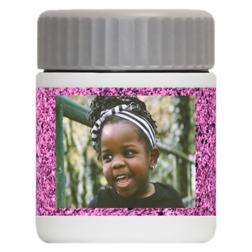 Personalized 12oz food jar personalized with light pink glitter pattern and photo