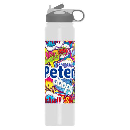 Vacuum sealed water bottle personalized with comics pattern and the saying "Peter"