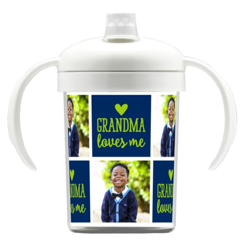 Personalized sippycup personalized with a photo and the saying "Grandma loves me" in juicy green and navy blue