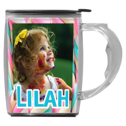 Custom mug with handle personalized with sweets twist pattern and photo and the saying "Lilah"