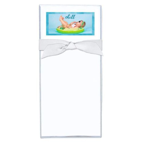 Personalized note sheets personalized with teal cloud pattern and photo and the saying "chill"
