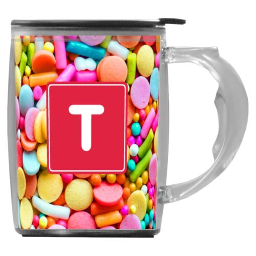 Custom mug with handle personalized with sweets sweet pattern and initial in red