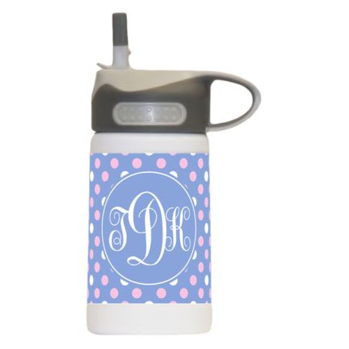 Water bottle for kids personalized with medium dots pattern and monogram in easter serenity and quartz